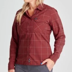 NRS Women's Long-Sleeve Guide Shirt -Outdoor Sports 10013 02 Vino Model FrontCrop 070821 1000x1000