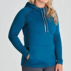 NRS Women's Expedition Weight Hoodie -Outdoor Sports 10134 02 Poseidon Model FrontCrop 072721 1000x1000