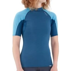 NRS Women's HydroSkin 0.5 Short-Sleeve Shirt -Outdoor Sports 15003 07 Poseidon Model Front 072720 1000x1000