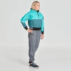 NRS Women's Riptide Splash Jacket -Outdoor Sports 20031 03 MediterraneaAqua Model Front 070821 1000x1000