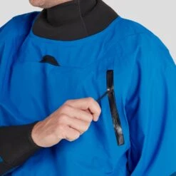 NRS Men's Flux Dry Top -Outdoor Sports 22515 06 Blue Model ChestPocket 062822 1000x1000