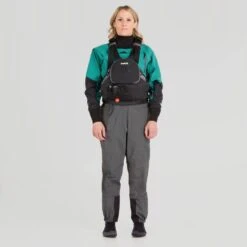 NRS Women's Crux Dry Suit 38 NRS Women's Crux Dry Suit -Outdoor Sports 22532 05 Jade Model FrontPFD 061722 1000x1000