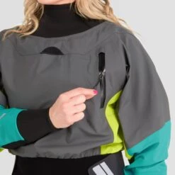 NRS Women's Pivot Dry Suit 22 NRS Women's Pivot Dry Suit -Outdoor Sports 22537 03 JadeLime Model ChestPocket 061722 1000x1000