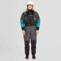 NRS Women's Pivot Dry Suit 32 NRS Women's Pivot Dry Suit -Outdoor Sports 22537 03 JadeLime Model FrontPFD 061722 1000x1000