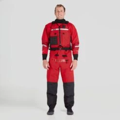 NRS Men's Foray Dry Suit 34 NRS Men's Foray Dry Suit -Outdoor Sports 22555 01 Red Model FrontPFD 062822 1000x1000