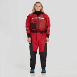 NRS Women's Foray Dry Suit -Outdoor Sports 22556 01 Red Model FrontPFD 061722 1000x1000